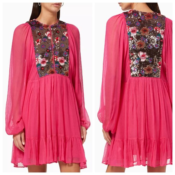 Misa Los Angeles Zahia Pink Sequin Chiffon Long Sleeve Dress - Picture 2 of 6